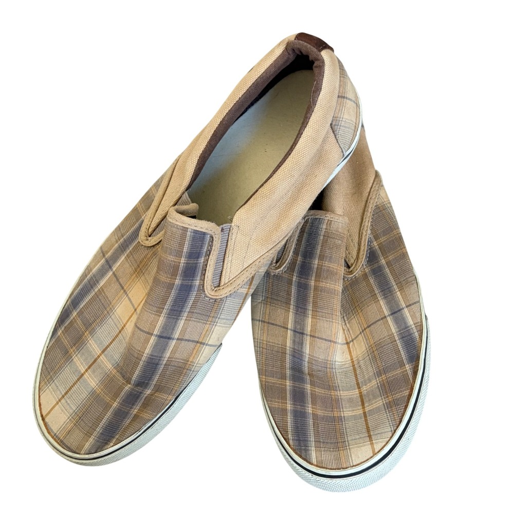 Faded Glory Mens Plaid Canvas Slip On Sneakers Beige Tan Blue Size 10.5